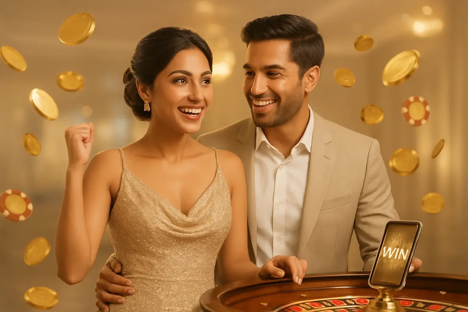 Happy Bangladeshi couple celebrating casino win with gold coins and roulette
