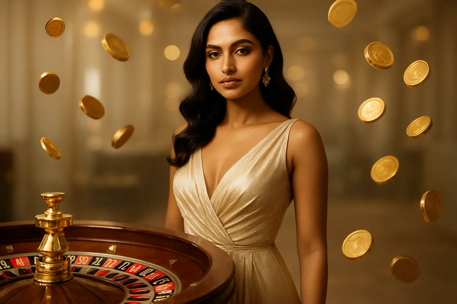 Beautiful Bangladeshi woman in designer evening dress with luxury roulette wheel and gold coins in bright casino setting